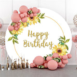 Allenjoy Yellow Sunflower White Happy Birthday Round Backdrop