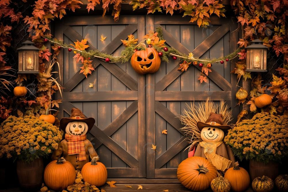 Allenjoy Autumn Pumpkin Scarecrow Barn Door Photography Backdrop Gbsx-00864
