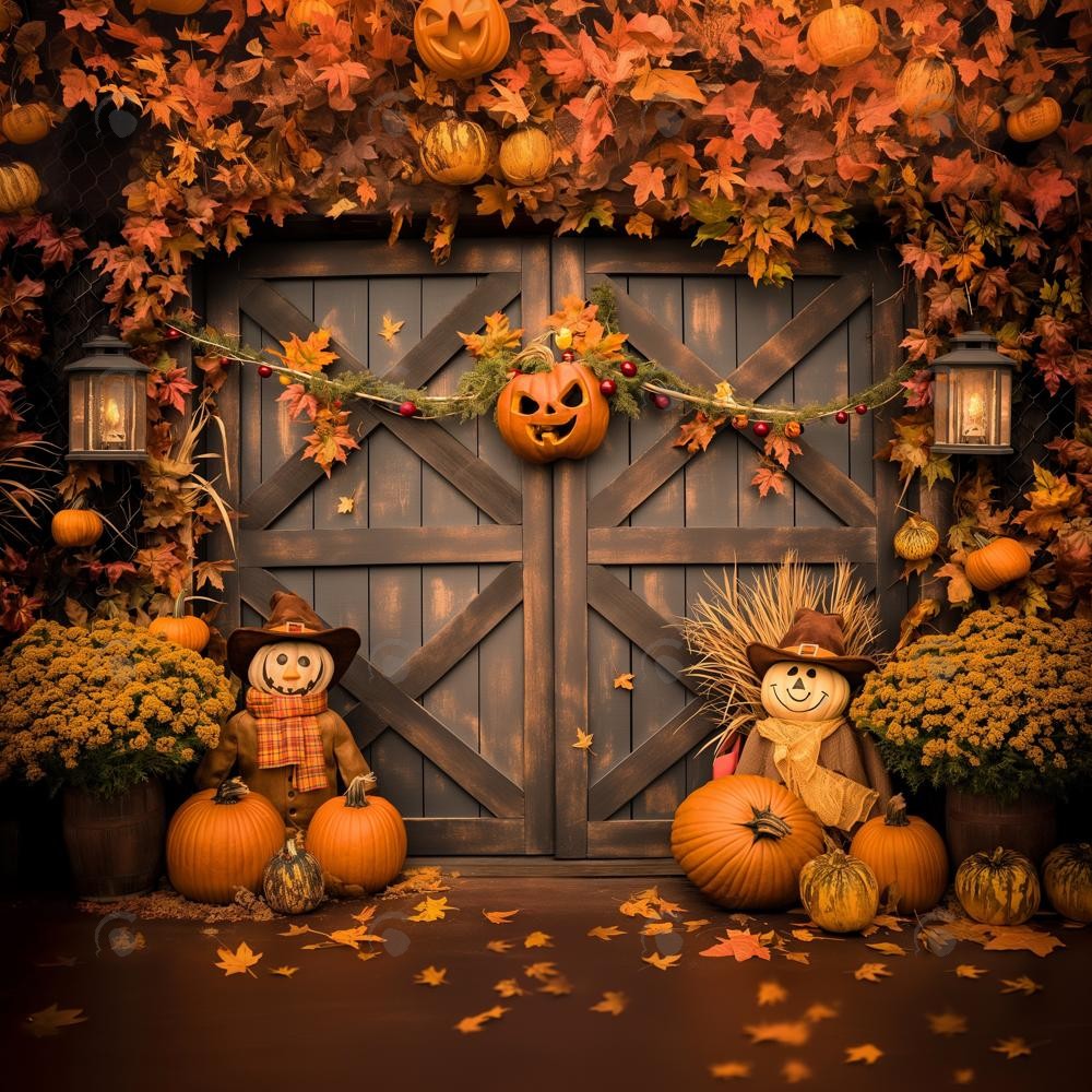 Allenjoy Autumn Pumpkin Scarecrow Barn Door Photography Backdrop Gbsx-00864