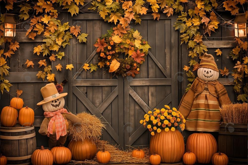 Allenjoy Autumn Pumpkin Scarecrow Barn Door Photography Backdrop Gbsx-00865