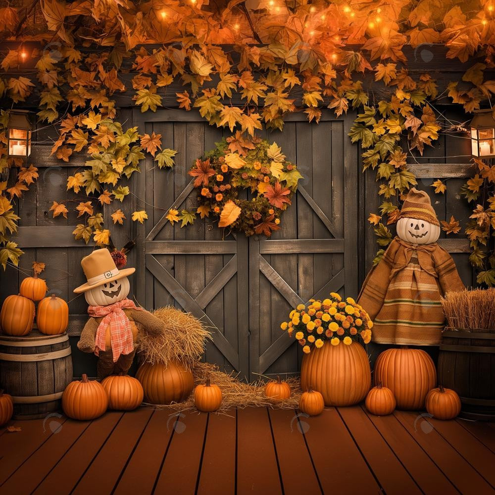 Allenjoy Autumn Pumpkin Scarecrow Barn Door Photography Backdrop Gbsx-00865