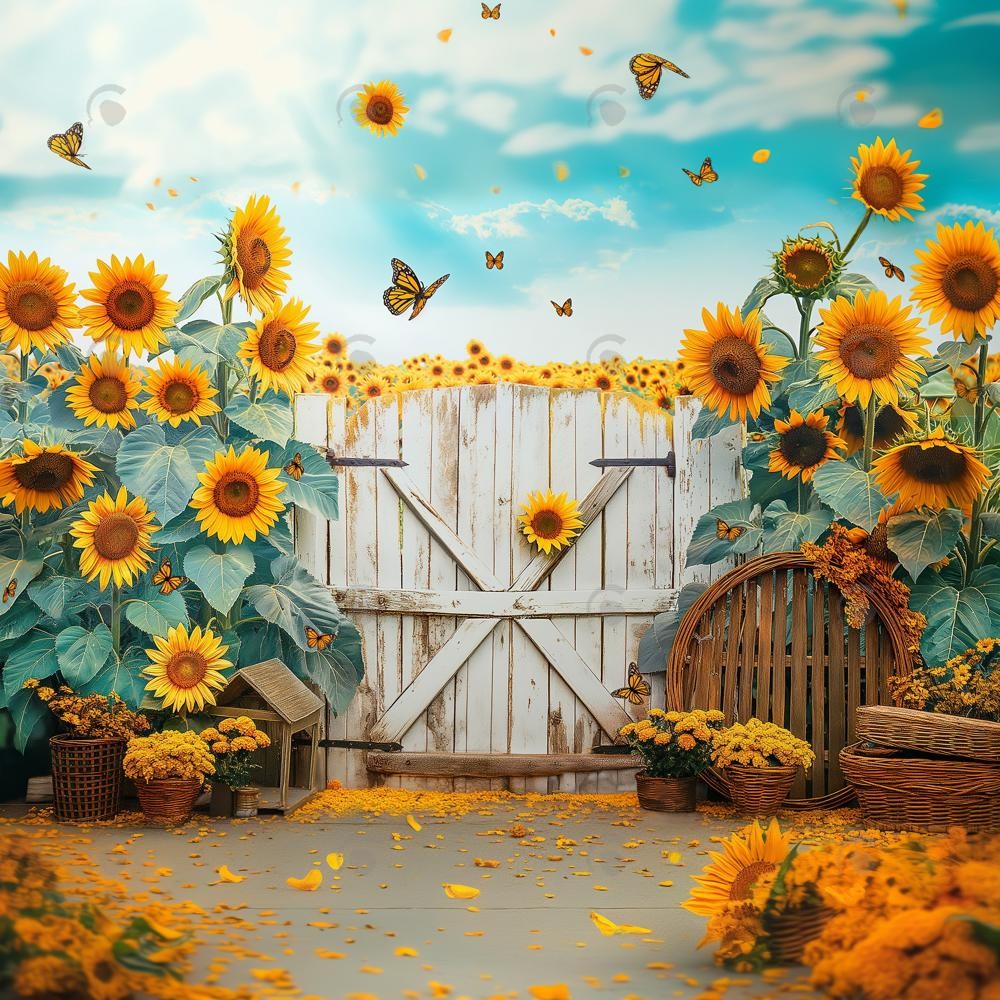 Allenjoy Autumn Sunflower Farm Door Photography Backdrop Gbsx-00797
