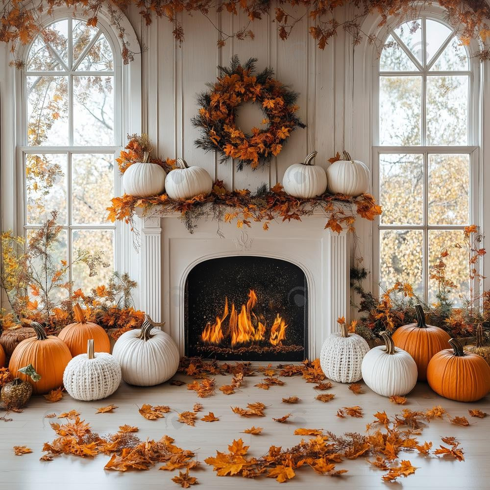 Allenjoy Autumn White Fireplace Maple Leaves Photography Backdrop Gbsx-01146