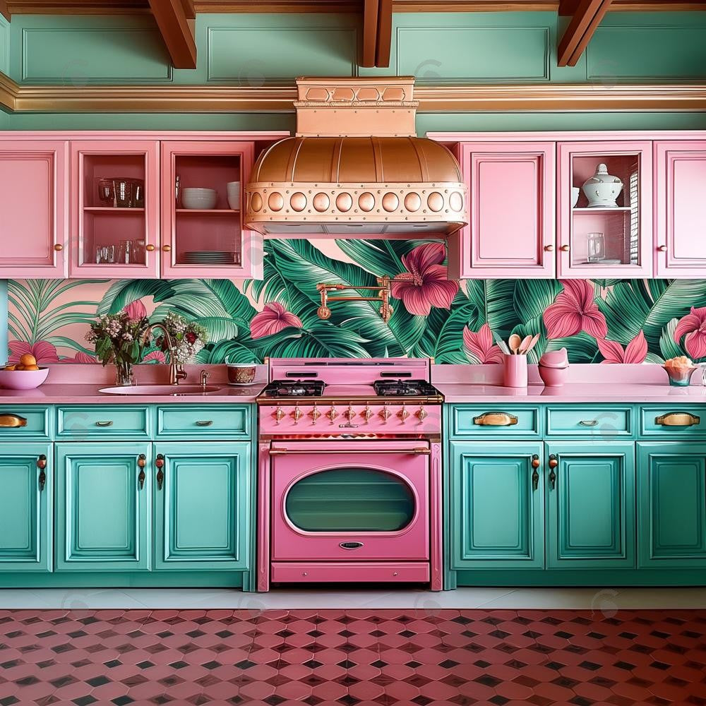 Allenjoy Blue And Pink Tropical Kitchen Photography Backdrop Gbsx-00321