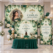 Luxury Emerald Green Quinceañera Backdrop Set – Personalized Butterfly & Floral Fabric Backdrops