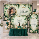 Luxury Emerald Green Quinceañera Backdrop Set – Personalized Butterfly & Floral Fabric Backdrops
