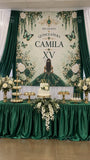 Luxury Emerald Green Quinceañera Backdrop Set – Personalized Butterfly & Floral Fabric Backdrops