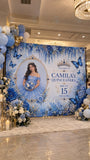 Personalized Quinceañera Butterfly Party Backdrop Set – Royal Blue Floral Fabric Backdrops (Backdrop Only)