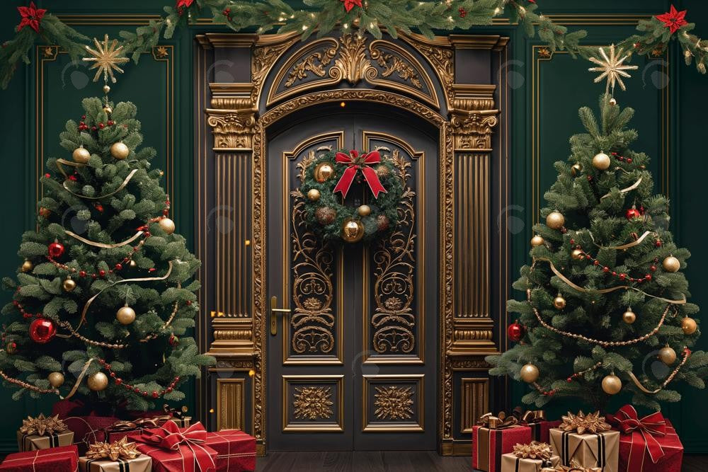 Allenjoy Christmas Brown Golden Retro Arched Door Photography Backdrop Gbsx-00571