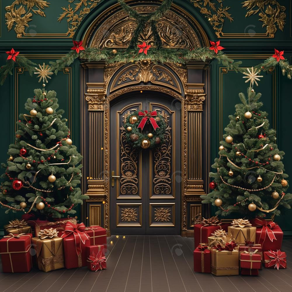 Allenjoy Christmas Brown Golden Retro Arched Door Photography Backdrop Gbsx-00571