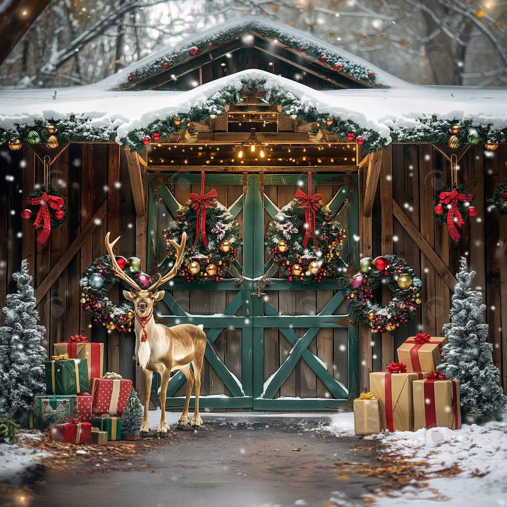 Allenjoy Christmas Elk Brown Wooden Barn Photography Backdrop Gbsx-00823
