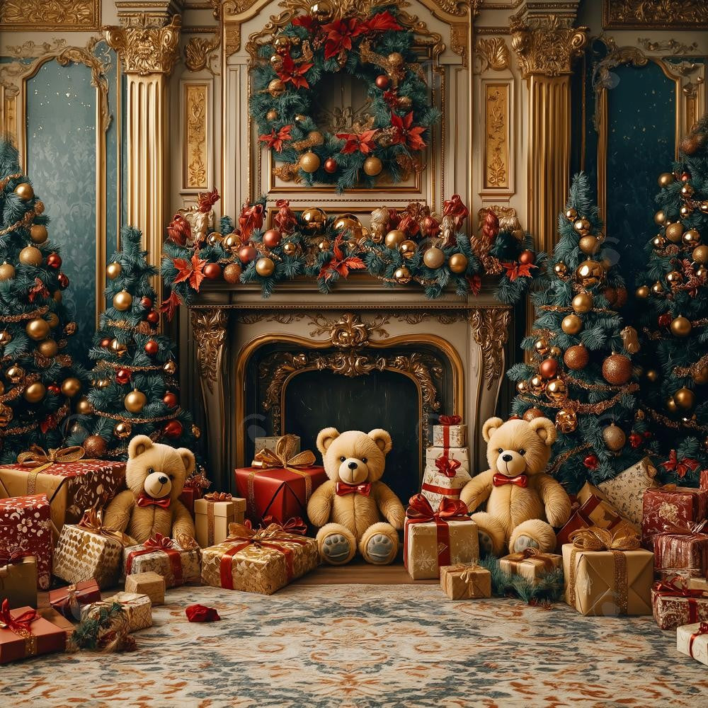 Allenjoy Christmas Luxurious Teddy Bear Fireplace Photography Backdrop Gbsx-01059