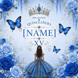 Personalized Quinceañera Butterfly Party Backdrop Set – Royal Blue Floral Fabric Backdrops (Backdrop Only)
