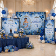 Personalized Quinceañera Butterfly Party Backdrop Set – Royal Blue Floral Fabric Backdrops (Backdrop Only)