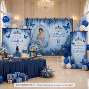 Juego de telones de fondo personalizados de tela con diseño floral azul rey para quinceañera con mariposas (solo telones de fondo)