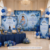 Juego de telones de fondo personalizados de tela con diseño floral azul rey para quinceañera con mariposas (solo telones de fondo)