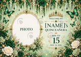 Luxury Emerald Green Quinceañera Backdrop Set – Personalized Butterfly & Floral Fabric Backdrops