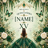 Luxury Emerald Green Quinceañera Backdrop Set – Personalized Butterfly & Floral Fabric Backdrops