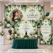 Luxury Emerald Green Quinceañera Backdrop Set – Personalized Butterfly & Floral Fabric Backdrops