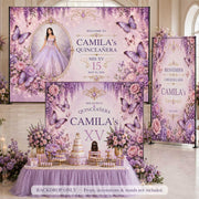 Personalized Quinceañera Butterfly Party Backdrop Set – Lavender Floral Fabric Backdrops (Backdrop Only)