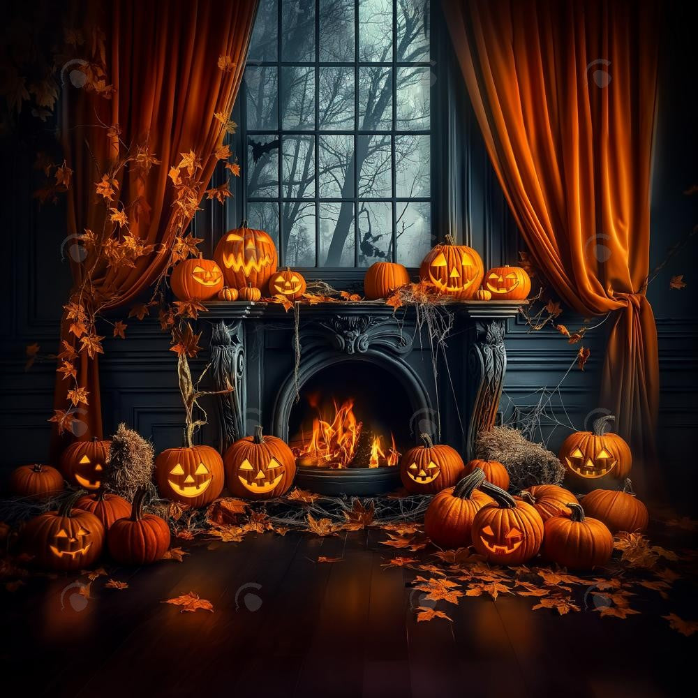 Allenjoy Fall Halloween Pumpkin Black Fireplace Photography Backdrop Gbsx-00862