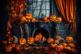 Allenjoy Fall Halloween Pumpkin Black Fireplace Photography Backdrop Gbsx-00862