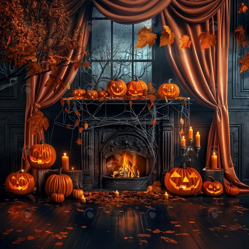 Allenjoy Fall Halloween Pumpkin Black Fireplace Photography Backdrop Gbsx-00863