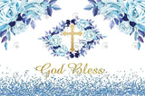 Allenjoy Blue Glitter Flora God Bless Baby Shower Backdrop