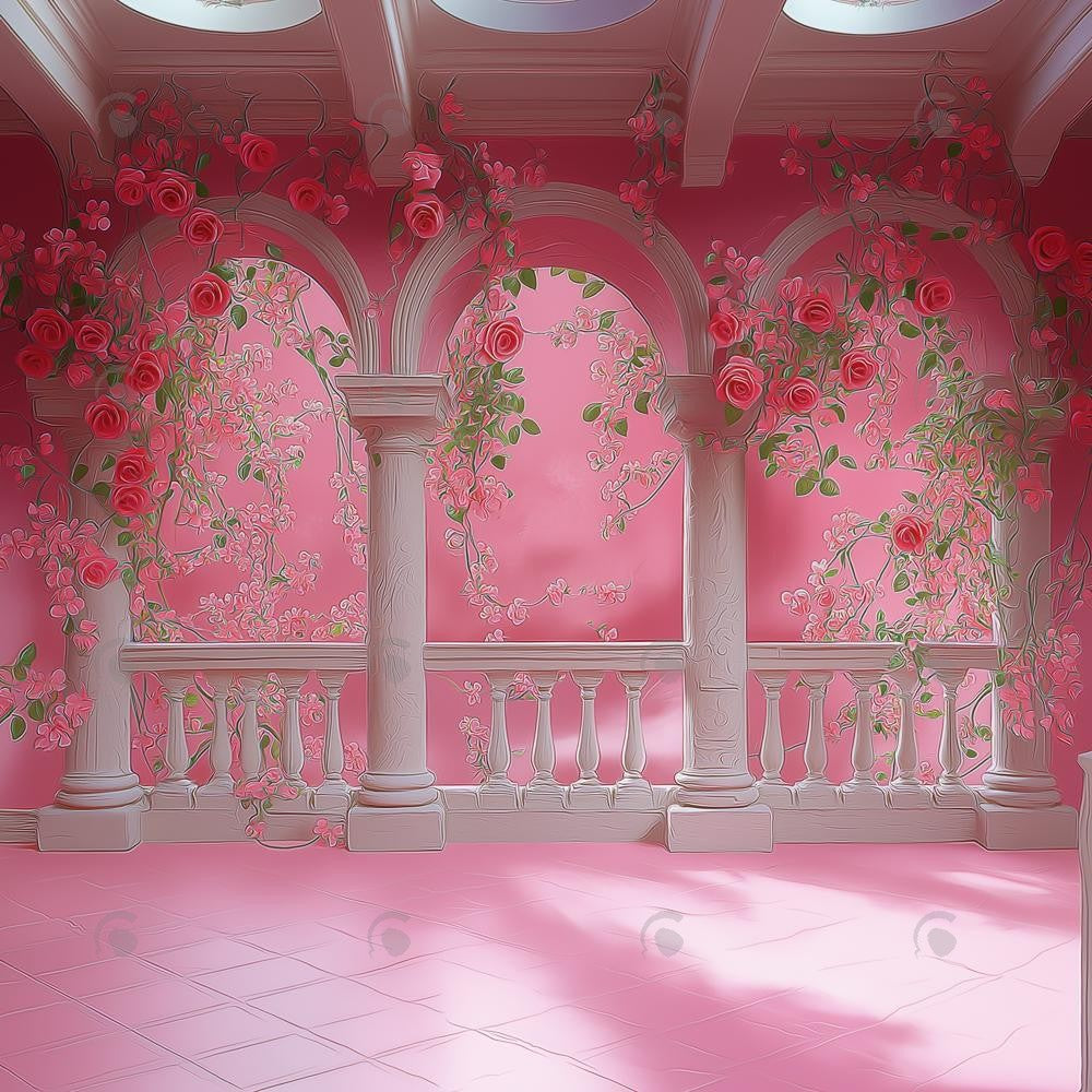 Allenjoy Pink Princess Arched Floral Balcony Photography Backdrop Gbsx-01370