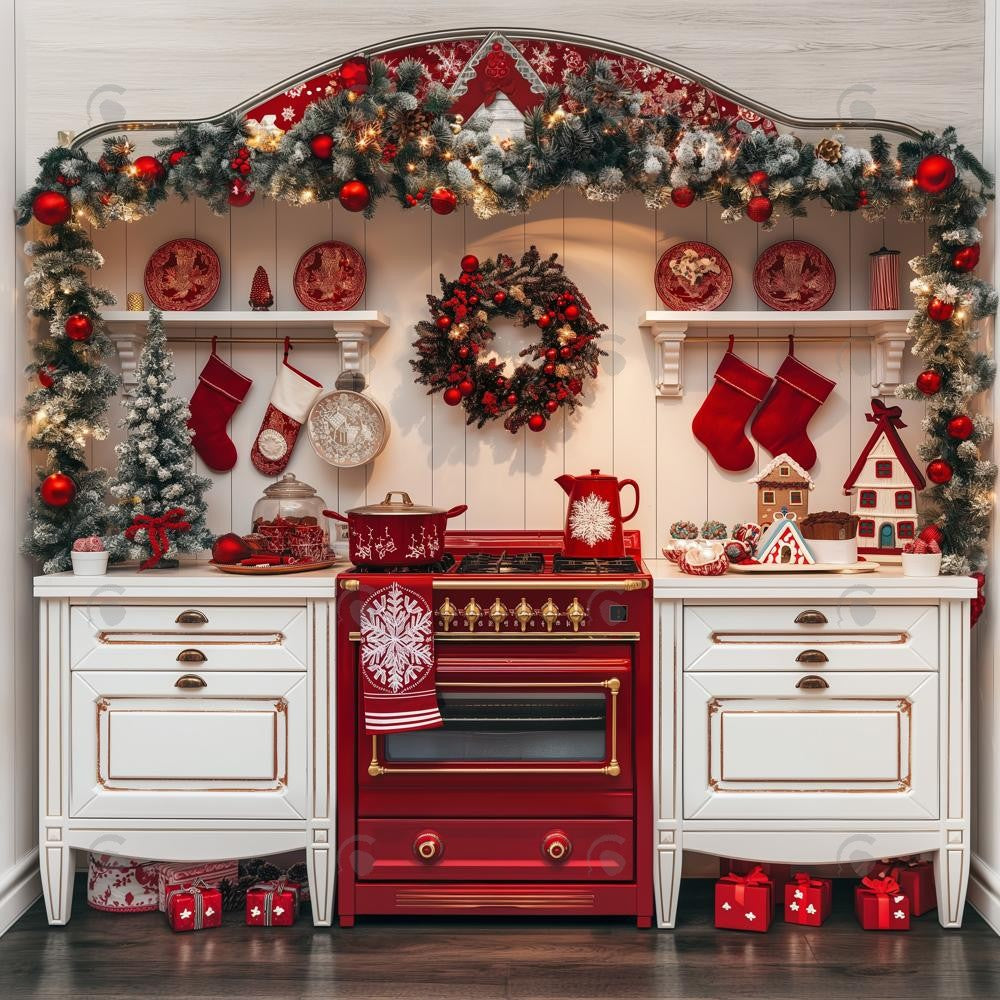 Allenjoy Red And White Christmas Kitchen Photography Backdrop Gbsx-00913