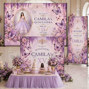 Personalized Quinceañera Butterfly Party Backdrop Set – Lavender Floral Fabric Backdrop