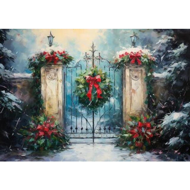 Allenjoy Christmas Garland Gate Photography Backdrop Xmas Garden Oil Painting Photo Background Winter Scene Portrait Photo Props