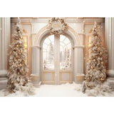 Allenjoy Winter Christmas White Door Yard Photography Backdrop Porch Wreath Xmas Tree Photo Background
