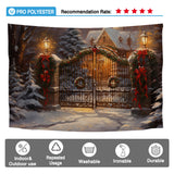 Allenjoy Snowy Christmas Night Photography Backdrop Gate Decorated with Xmas Wreaths Banner Winter Scene Painting Photo Background