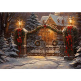 Allenjoy Snowy Christmas Night Photography Backdrop Gate Decorated with Xmas Wreaths Banner Winter Scene Painting Photo Background