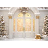 Allenjoy Winter Christmas White Door Yard Photography Backdrop Snow Festive Tree Wreath Decoration Photoshoot Booth Background Props