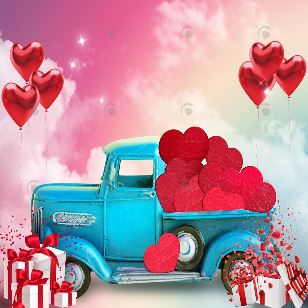 Allenjoy Valentine Blue Truck With Hearts Photography Backdrop Gbsx-01276