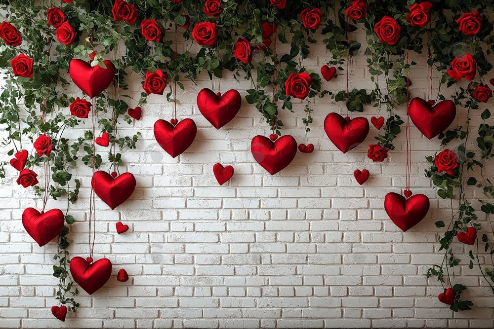 Allenjoy Valentine Brick Wall With Floral And Hearts Photography Backdrop Gbsx-01301
