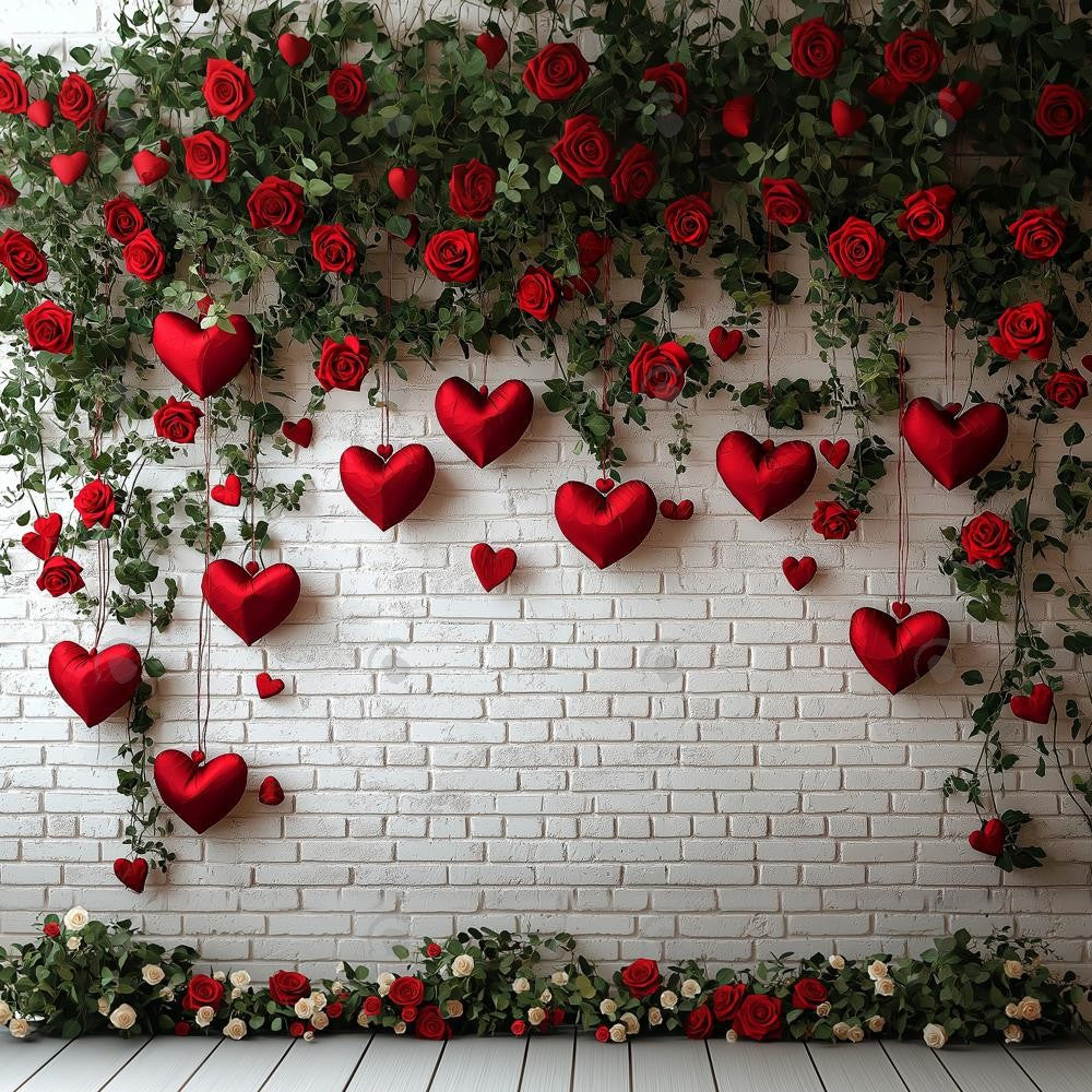 Allenjoy Valentine Brick Wall With Floral And Hearts Photography Backdrop Gbsx-01301