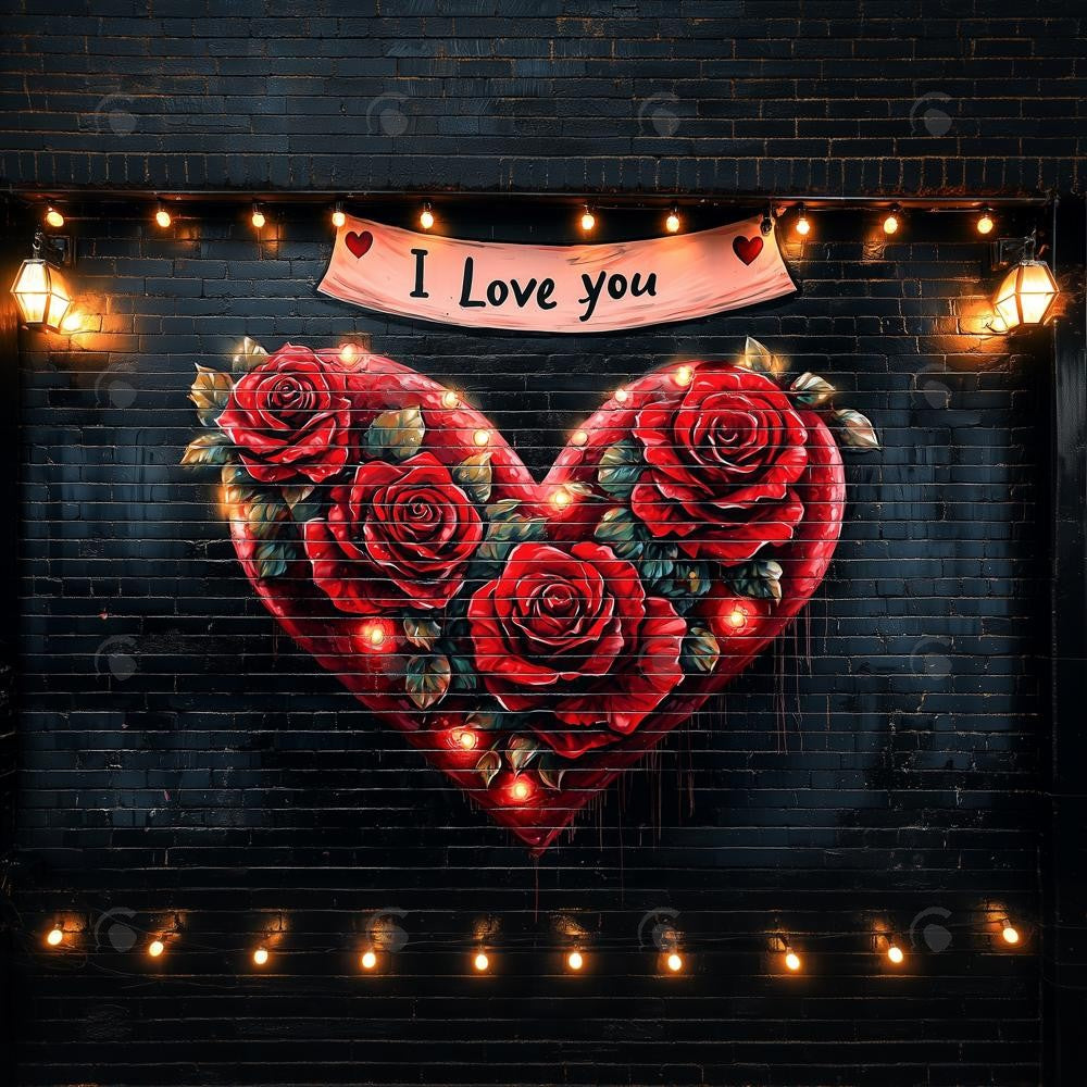 Allenjoy Valentine Dark Brick Wall With Floral I Love You Photography Backdrop Gbsx-01302
