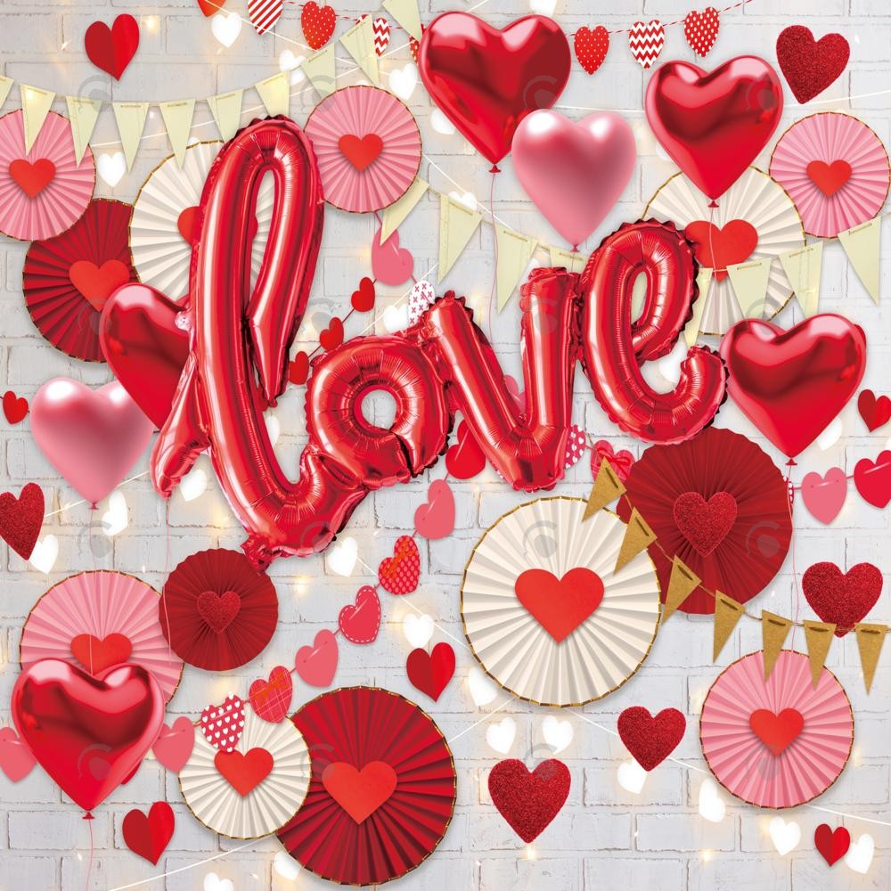 Allenjoy Valentine Love Hearts Balloons And Paper Fans Photography Backdrop Gbsx-01266