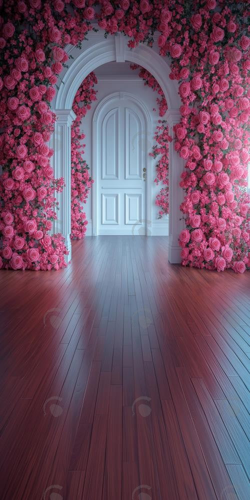 Allenjoy Valentine Pink Floral Arched Door Photography Backdrop Gbsx-01417