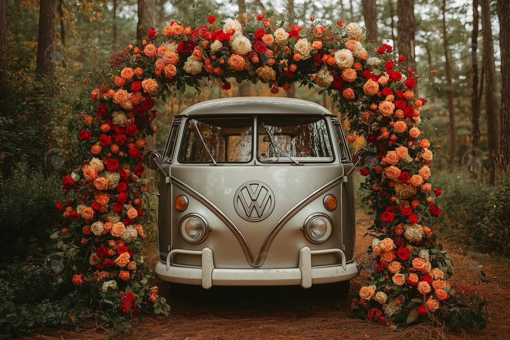 Allenjoy Valentine Volkswagen Bus With Flowers Arch Photography Backdrop Gbsx-01435