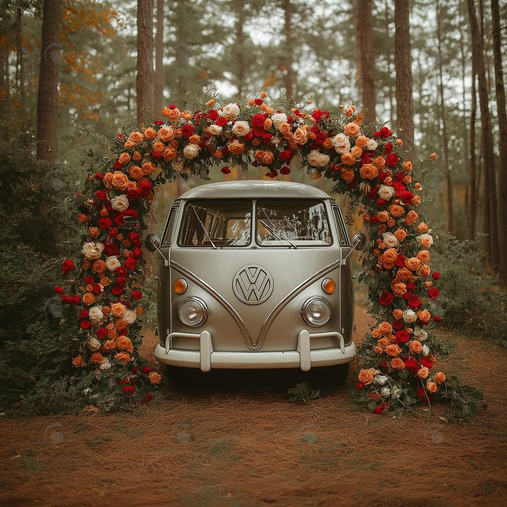 Allenjoy Valentine Volkswagen Bus With Flowers Arch Photography Backdrop Gbsx-01435