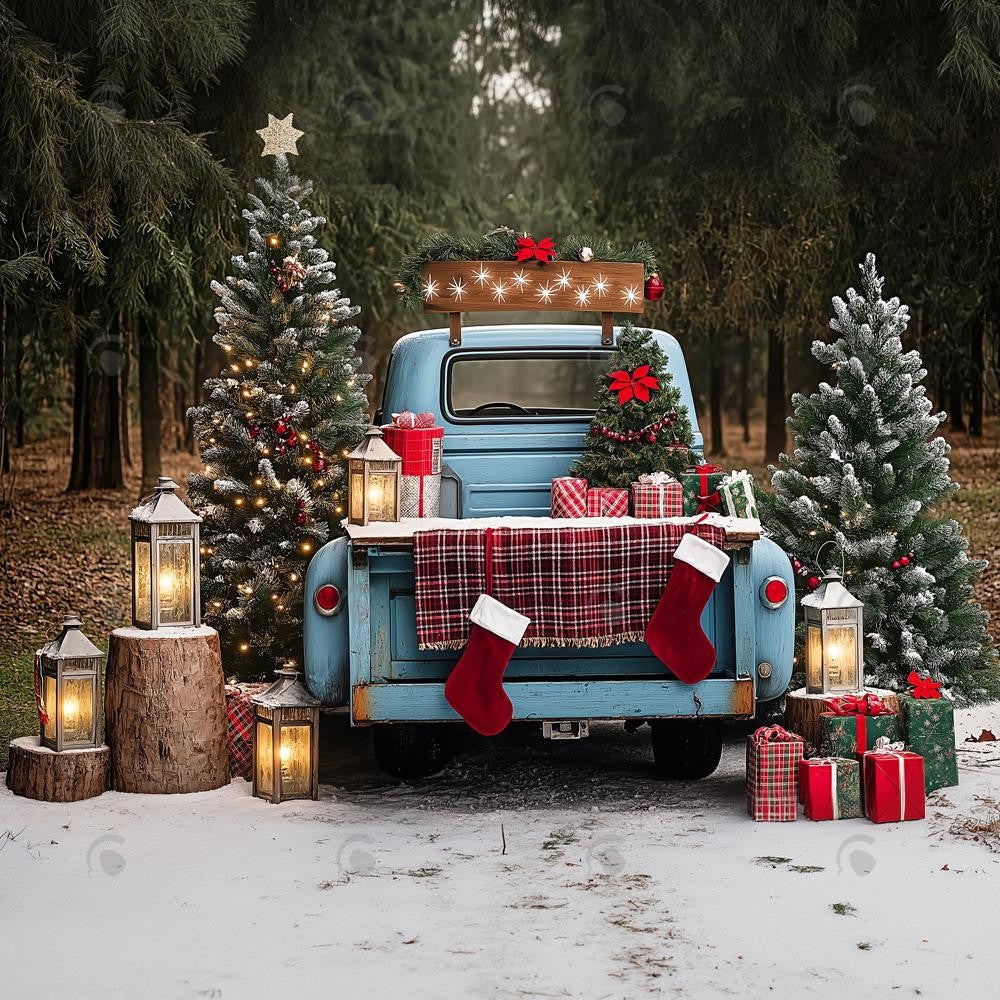 Allenjoy Vintage Christmas Blue Truck Trees Photography Backdrop Gbsx-01128