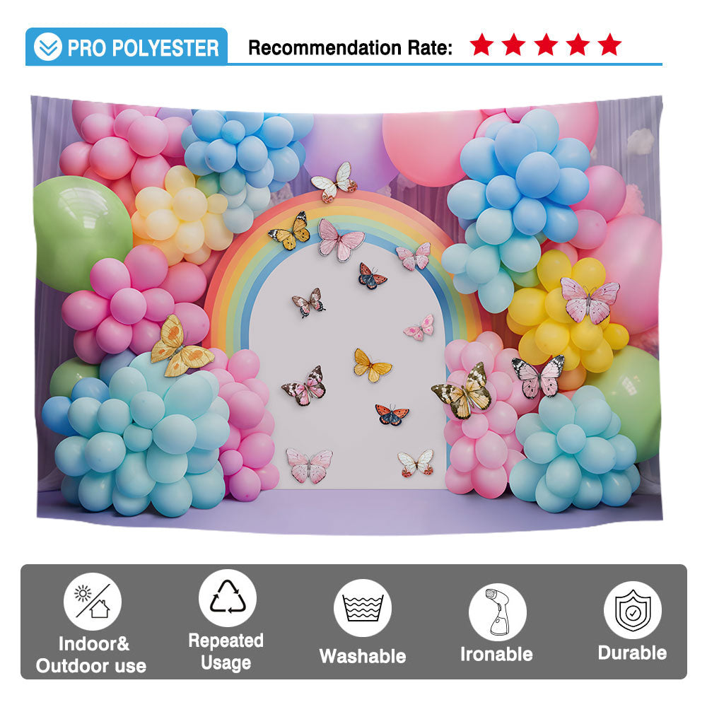 Allenjoy Pastel Butterfly Birthday Rainbow Arch Photography Backdrop Fairy Cake Smash Photo Props Colorful Balloons Decoration Background