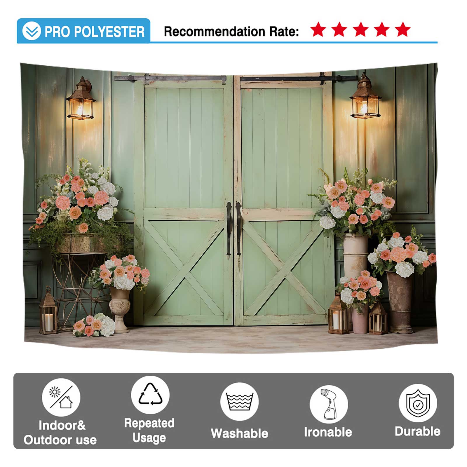 Allenjoy Spring Floral Green Barn Door Photography Backdrop Antique Flowers Vases Setup Rustic Decorations Photoshoot Background