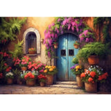 Allenjoy Colorful Doorway Oil Painting Backdrop Village House Flowers Dreamy Garden Scene Photoshoot Background