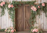 Rustic Wood Door Pink Flowers Backdrop