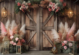 Rustic Wooden Door Pampas Grass Backdrop